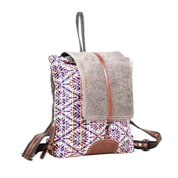 Myra Bag Handmade Vibrant Backpack Upcycled Canvas & Cowhide Leather - Picture 4 of 8